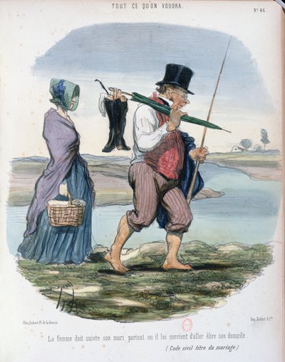 Caricatura ridiculizando el Capítulo VI de los Derechos y Deberes de los Cónyuges en el Código Civil Francés, promulgado por Napoleón en 1804 de Honoré Daumier